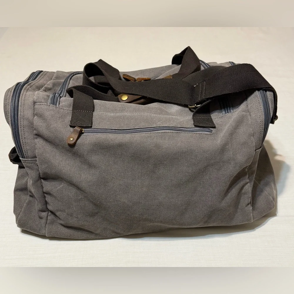 Aocome Gray Canvas Duffel Bag Leather Trim Travel Weekender/Shoe Compartment - Picture 8 of 13